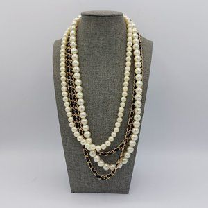 Faux Pearl Necklace 4 Strand Gold Toned Chains Laced